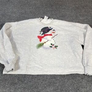 VTG Jerzees Sweatshirt Womens XL Gray Christmas Snowman Retro 90s Ruffle Neck